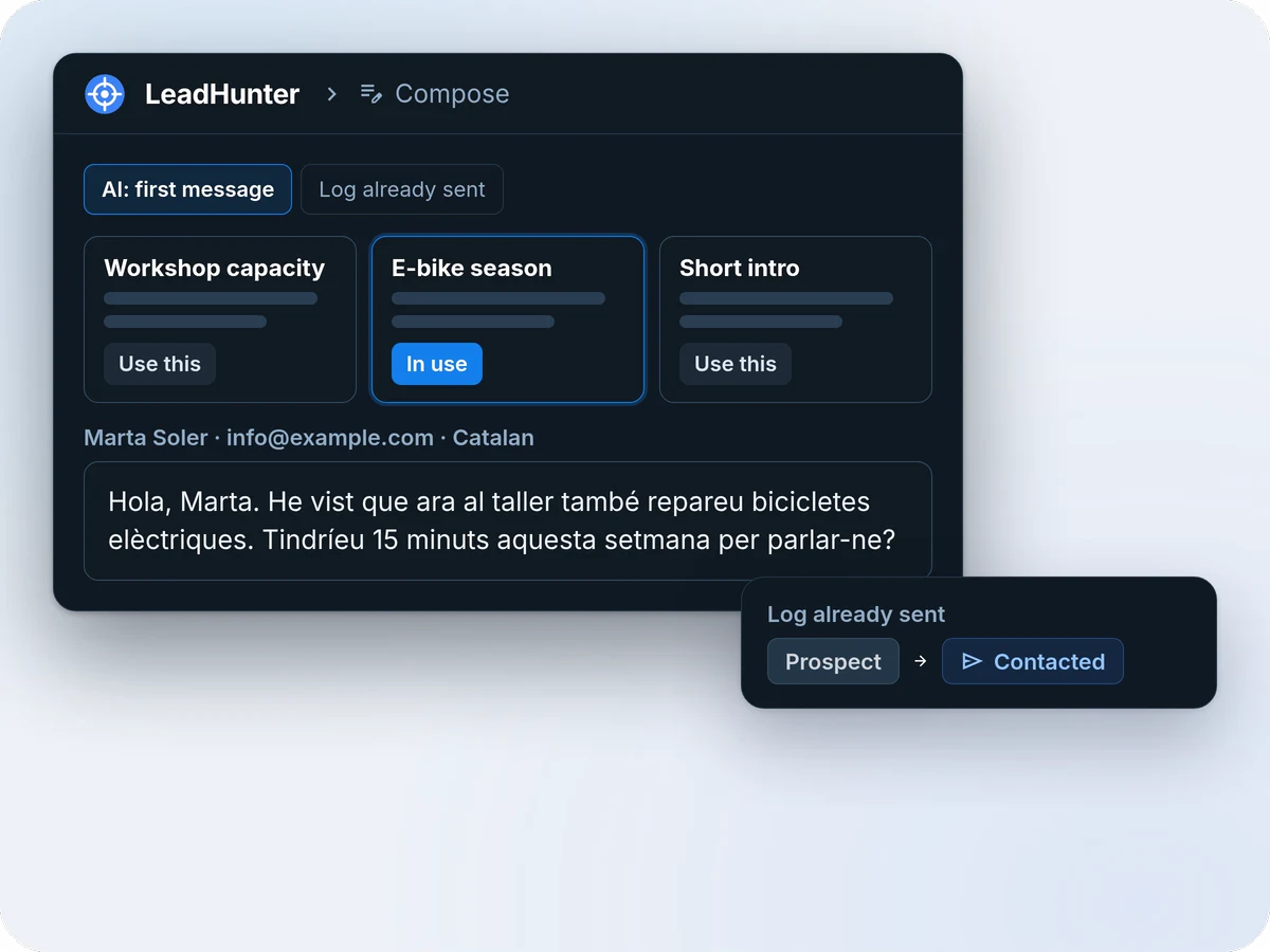 El panell Compose amb tres enfocaments de la IA, E-bike season en ús, un primer missatge en català per a la Marta Soler i una targeta Log already sent que passa la botiga de Prospect a Contacted.