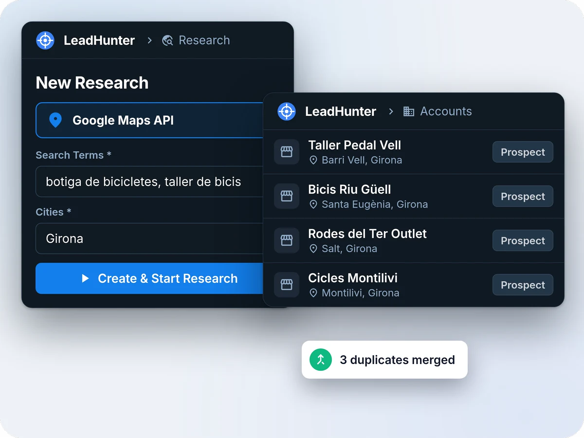 El formulari New Research amb el mètode Google Maps API, els termes «botiga de bicicletes, taller de bicis» i la ciutat de Girona, al costat de les quatre botigues trobades, marcades com a Prospect, i l'avís «3 duplicates merged».