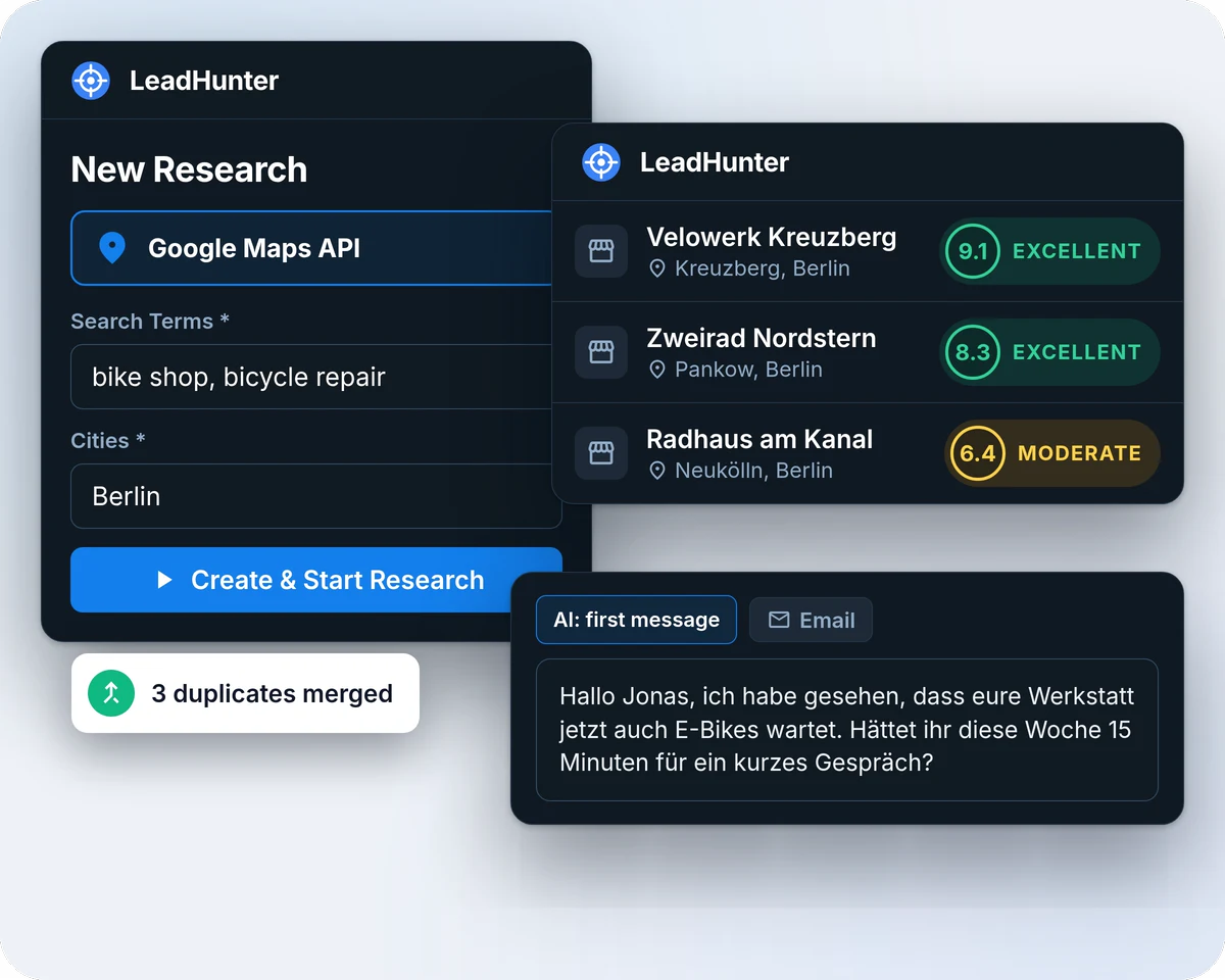 LeadHunter cards on a light panel: a New Research form searching Google Maps for bike shops in Berlin, three shops with fit scores (9.1 and 8.3 Excellent, 6.4 Moderate), an AI-drafted first message in German and a '3 duplicates merged' notice.