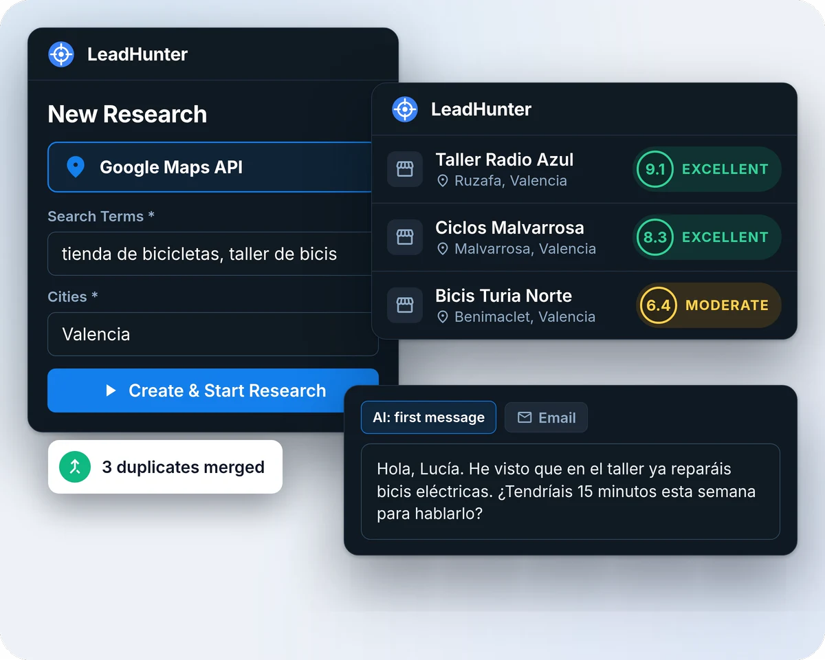 Tarjetas de LeadHunter sobre un fondo claro: un formulario New Research que busca tiendas de bicicletas en Valencia en Google Maps, tres tiendas con su puntuación (9,1 y 8,3 Excellent, 6,4 Moderate), un primer mensaje redactado por la IA en español y el aviso «3 duplicates merged».